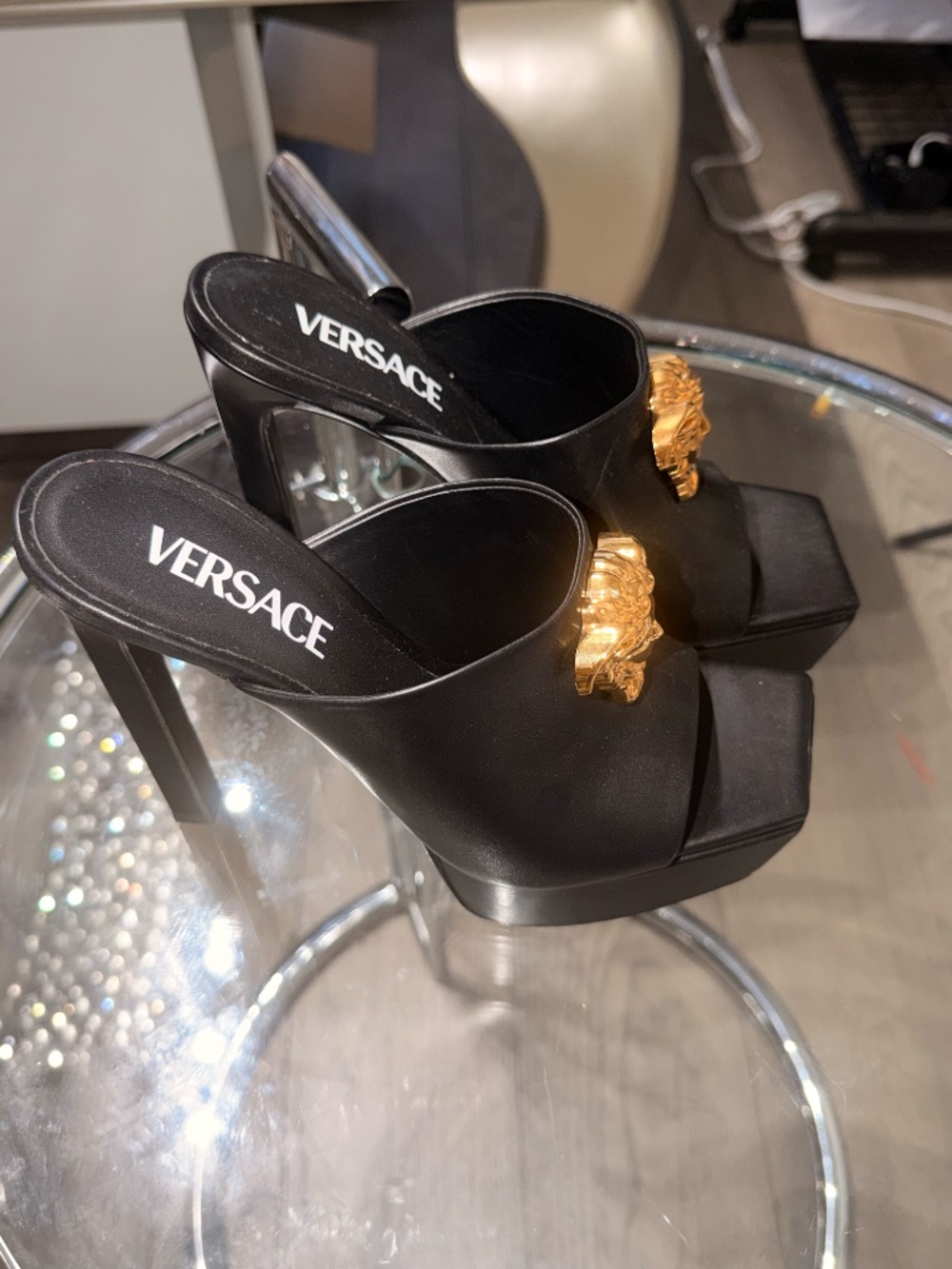 Versace Medusa Platform Mules Black & Gold – Size 38 –